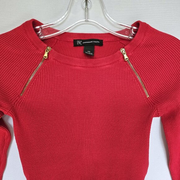 INC Red Knit Crew Neck Women's Sweater with Gold Zipper Accents, Size XS - Picture 2 of 6